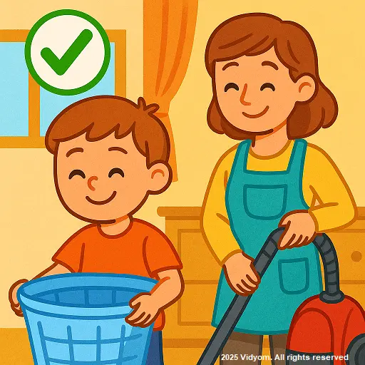 Child helping parents at home with small tasks
