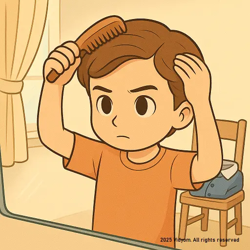 Child combing hair neatly before school