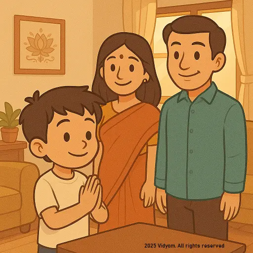 Child greeting parents politely at home