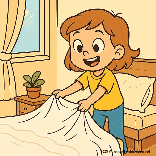 Child making the bed neatly after waking up