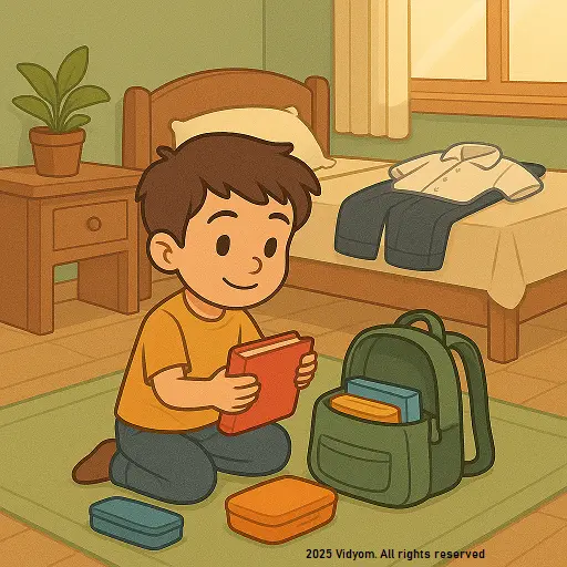 Child packing a school bag neatly with books and notebooks