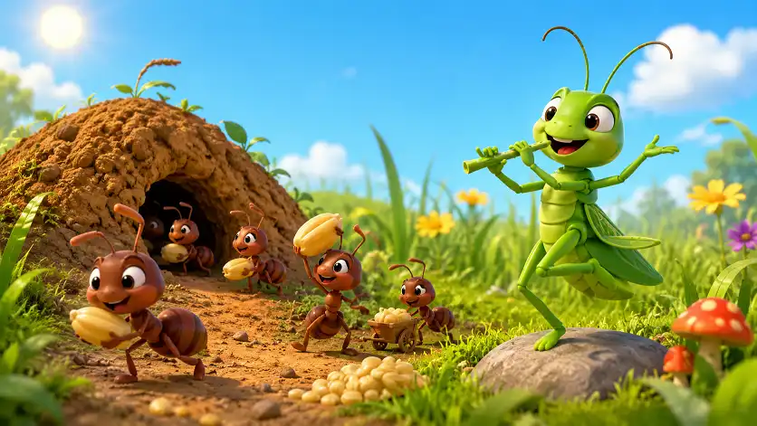 Ant and grasshopper story for kids showing a hardworking ant carrying food while a cheerful grasshopper sings nearby