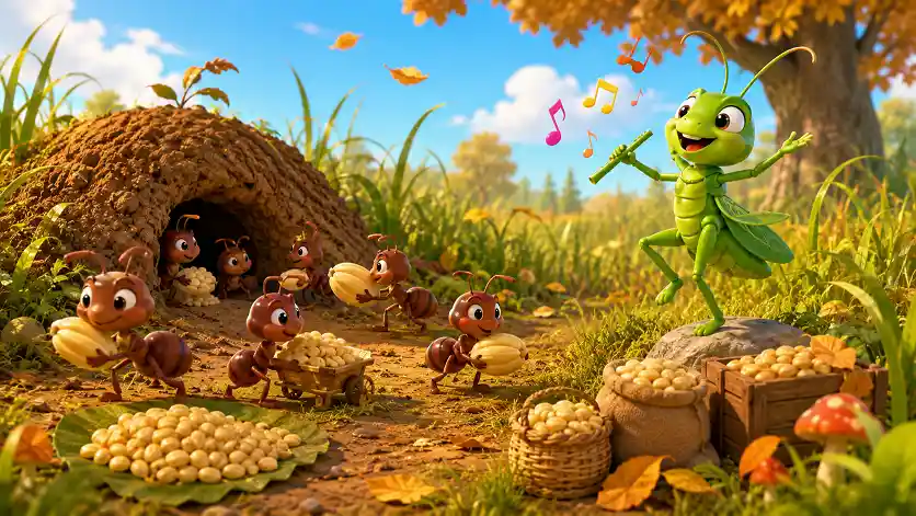 Ant and grasshopper story for kids showing the ant storing food while the grasshopper continues playing during warm weather