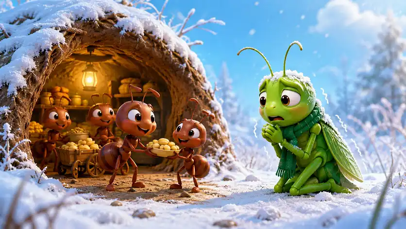 Ant and grasshopper story for kids showing the prepared ant with stored food as the grasshopper learns an important lesson in winter