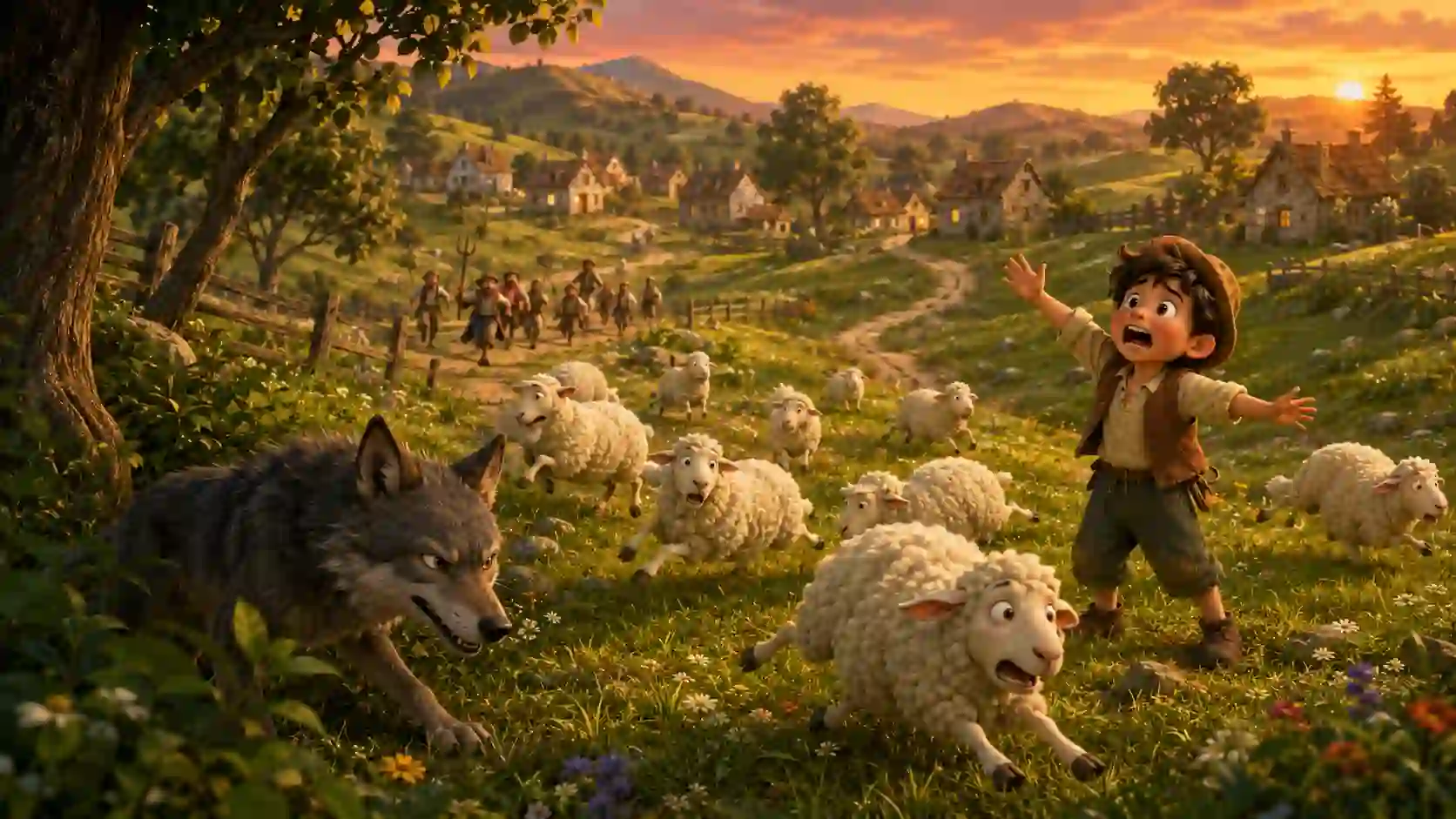 Boy Who Cried Wolf story for kids showing a real wolf approaching the sheep as the boy calls for help