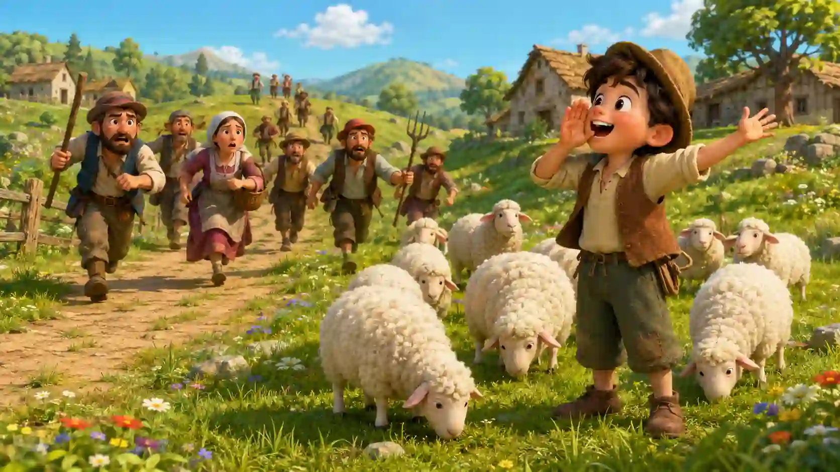 Boy Who Cried Wolf story for kids showing a young shepherd boy falsely warning worried villagers