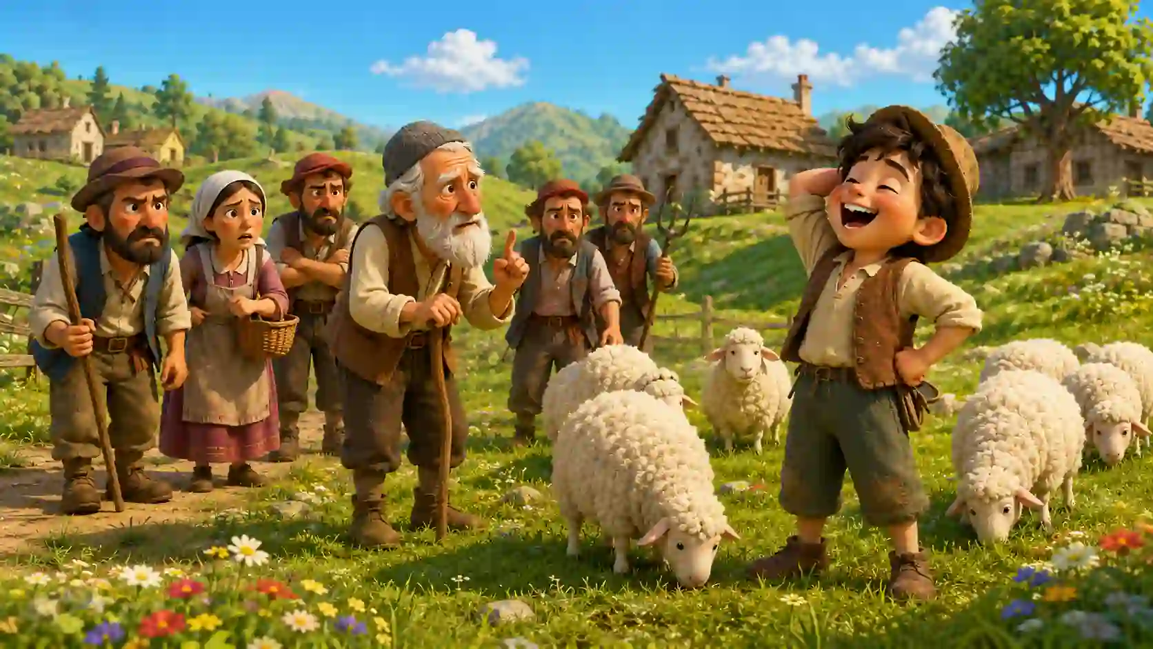 Boy Who Cried Wolf story for kids showing disappointed villagers discovering the shepherd boy's lie