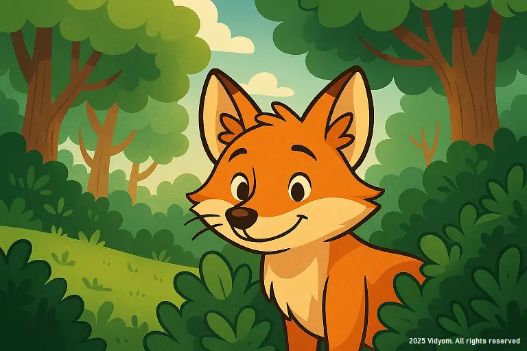 Scene from clever fox story for kids – clever fox peeking from bushes in a bright cartoon illustration