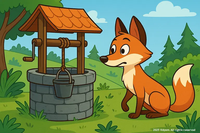 Scene from clever fox story for kids – wolf stuck inside a deep well as the fox looks down