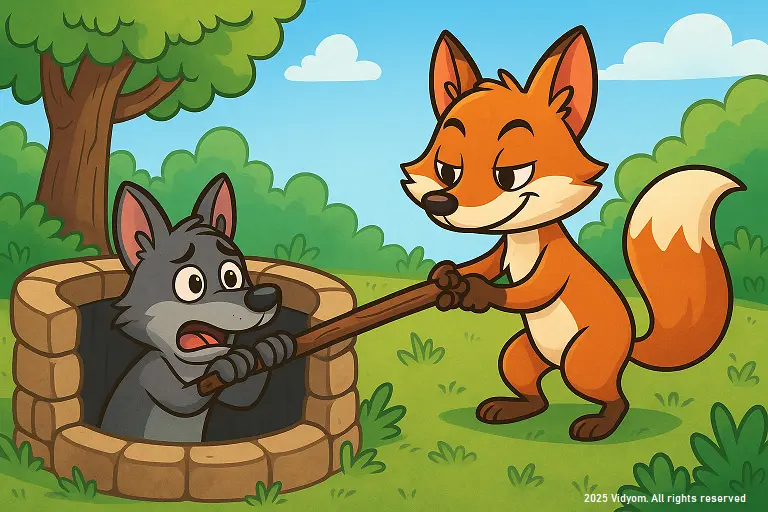 Happy ending from clever fox story for kids – fox outsmarting the wolf and helping him out with a branch