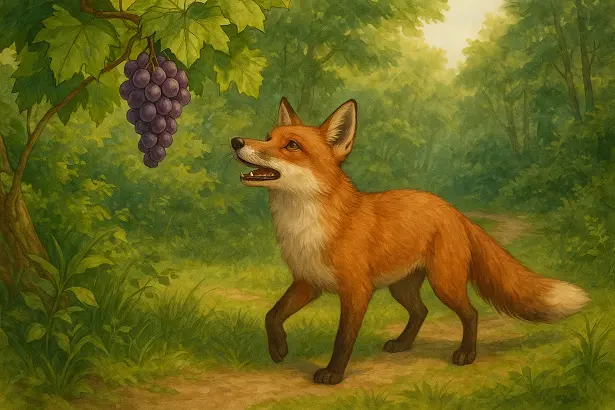 The fox and the grapes story for kids – fox looks up at grapes hanging high on a vine