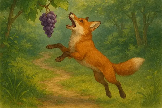 The fox and the grapes story for kids – fox jumps to reach the grapes but misses