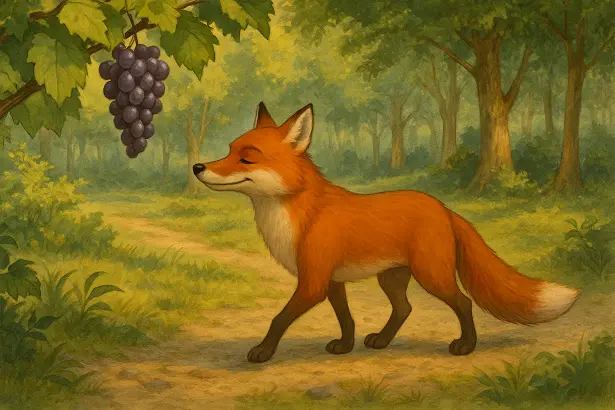 The fox and the grapes story for kids – fox walks away saying the grapes are sour