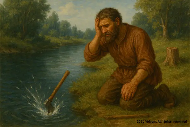 Woodcutter dropping his axe into the river