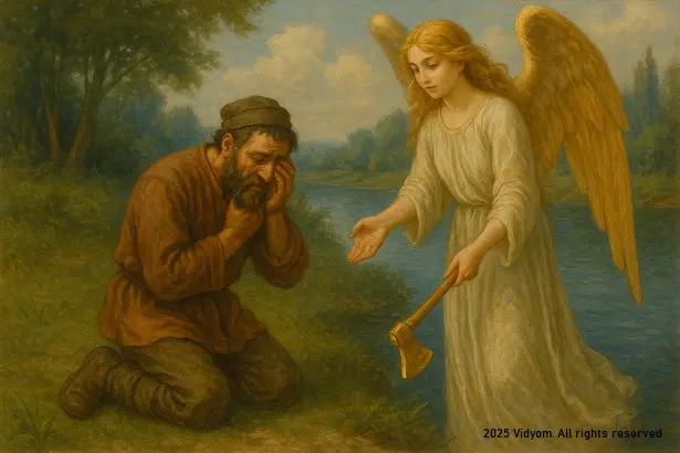 Angel showing golden axe to the woodcutter