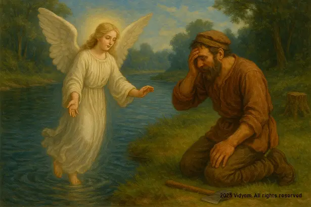 Angel giving all three axes as reward for honesty