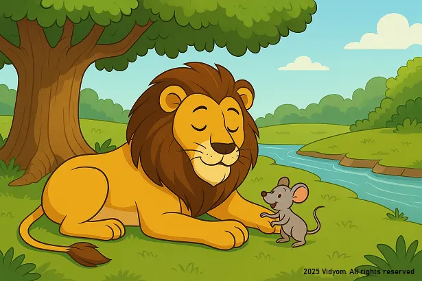 lion and the mouse story for kids-Lion sleeping under a big shady tree as the mouse runs over his paw