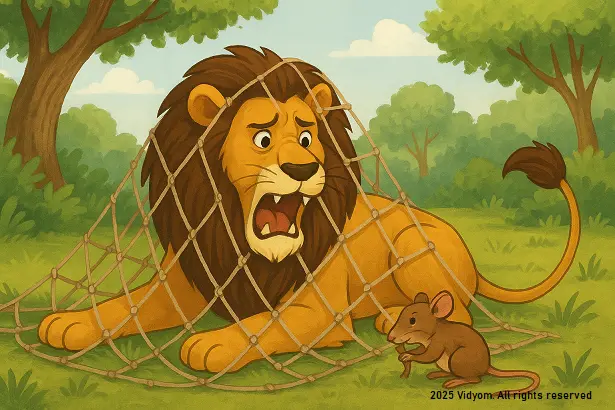 Mouse biting the ropes to free the lion