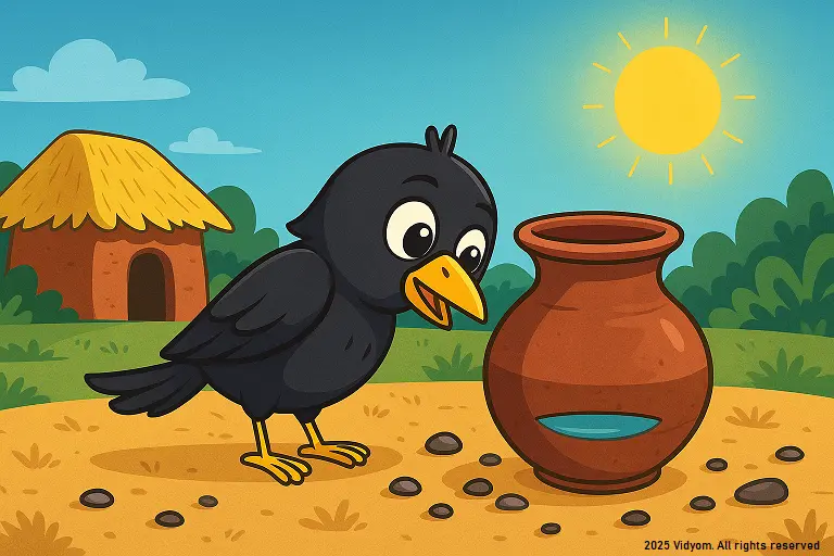 Thirsty crow story for kids – a crow finds a pot with a little water inside