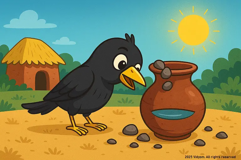 Thirsty crow story for kids – the crow drops small pebbles into the pot to raise the water