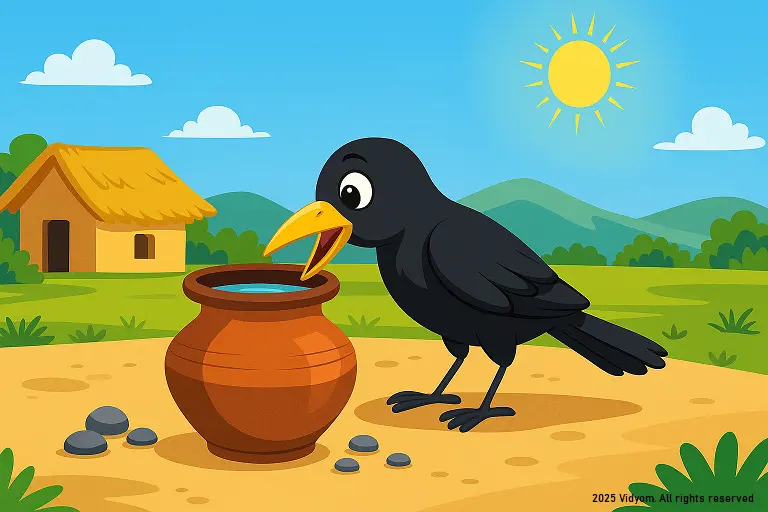 Thirsty crow story for kids – the water rises and the crow happily drinks
