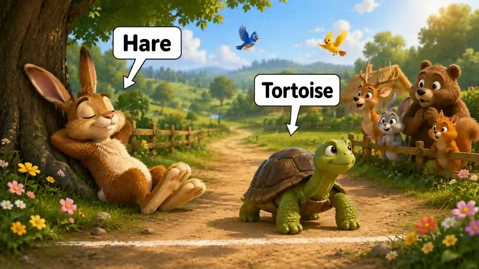 The hare sleeps under a shady tree while the patient tortoise keeps moving