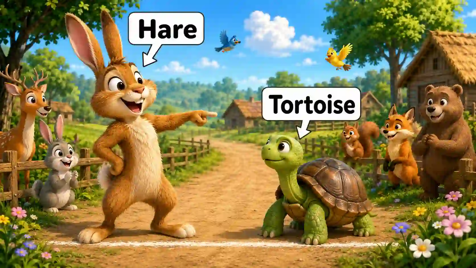 A proud hare challenges a calm tortoise as their village race begins