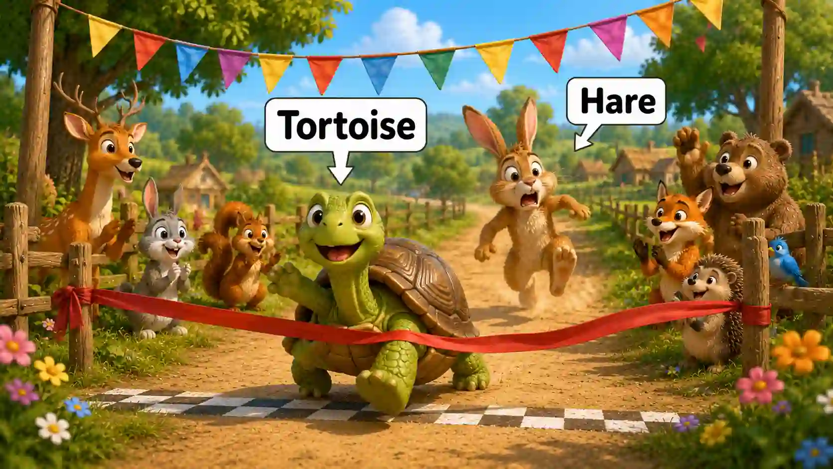 The steady tortoise wins the race as the surprised hare reaches the finish line