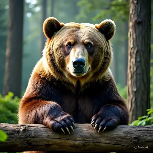 Brown bear walking through a green forest