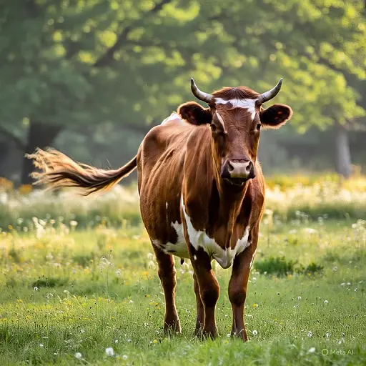 Spotted cow eating grass in a village field