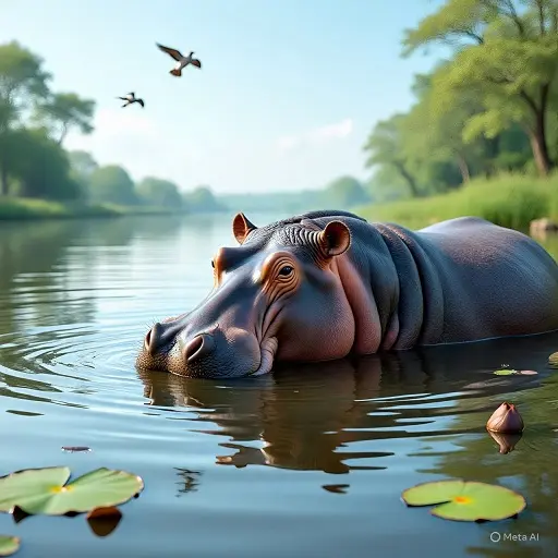 Huge hippopotamus relaxing in shallow water