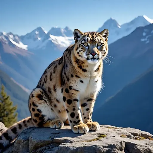 Snow leopard standing on a snowy rock
