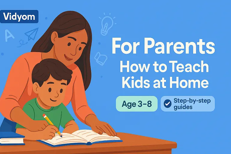 How to teach kids at home: parent guiding child with books and drawings