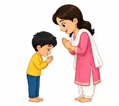 Child greeting mother with folded hands