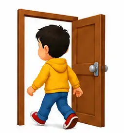 Child walking out through an open door