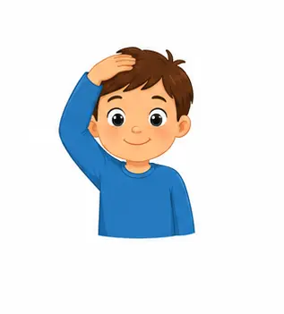 Child patting head with one hand