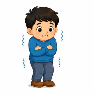 Child pretending to shiver from cold