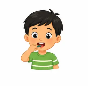 Child pretending to eat with hand