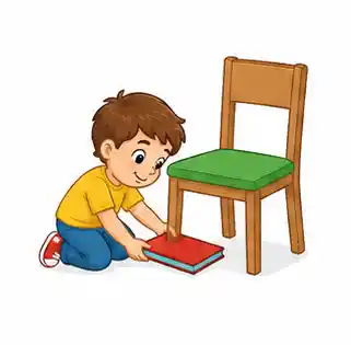 Child placing an object under a chair