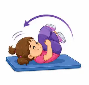 Child rolling over safely on a mat for Simon Says
