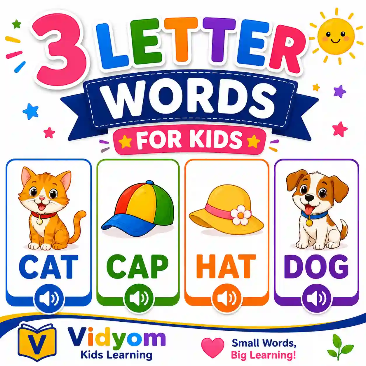 Children learning easy 3 letter words with CVC phonics pictures and worksheets