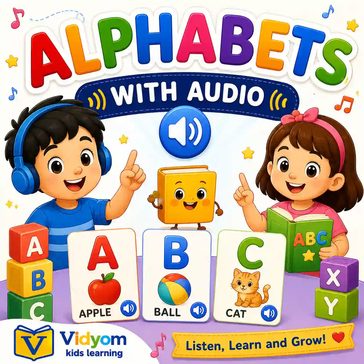 Children learning A to Z capital and small alphabets with audio pronunciation
