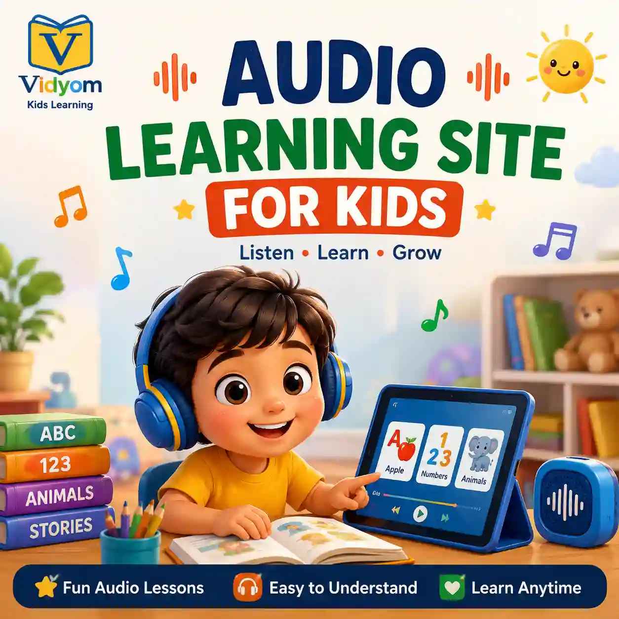 Children using an audio learning site for vocabulary actions animals colours space and feelings