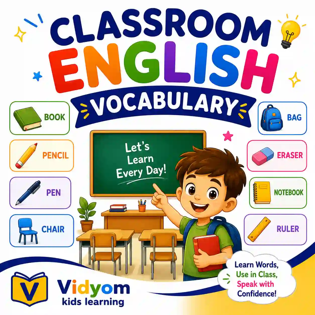 Children learning classroom English vocabulary including school supplies actions rules playground words and manners