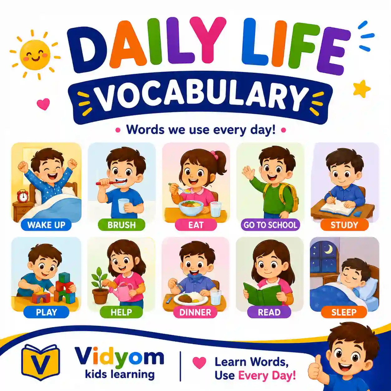 Children learning daily life vocabulary for home outdoor routines actions evening and common things