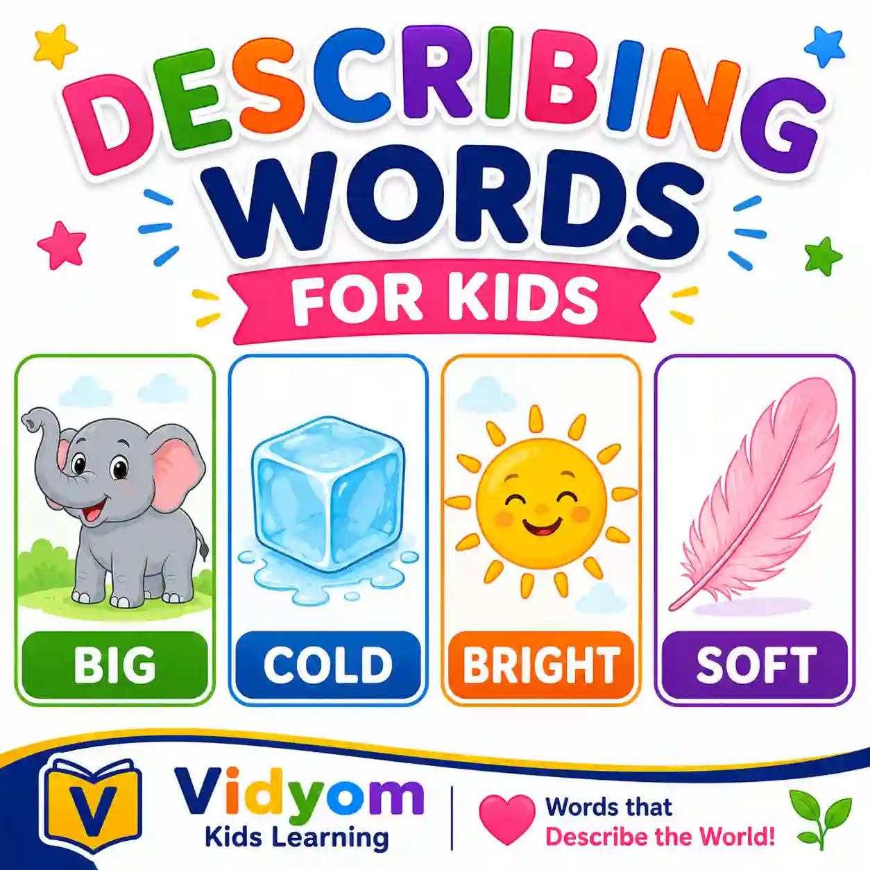 Children learning describing words for size colors feelings speed nature and people