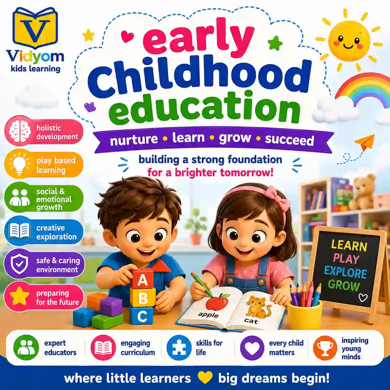 Early childhood education with preschool teaching child development vocabulary animals and body lessons