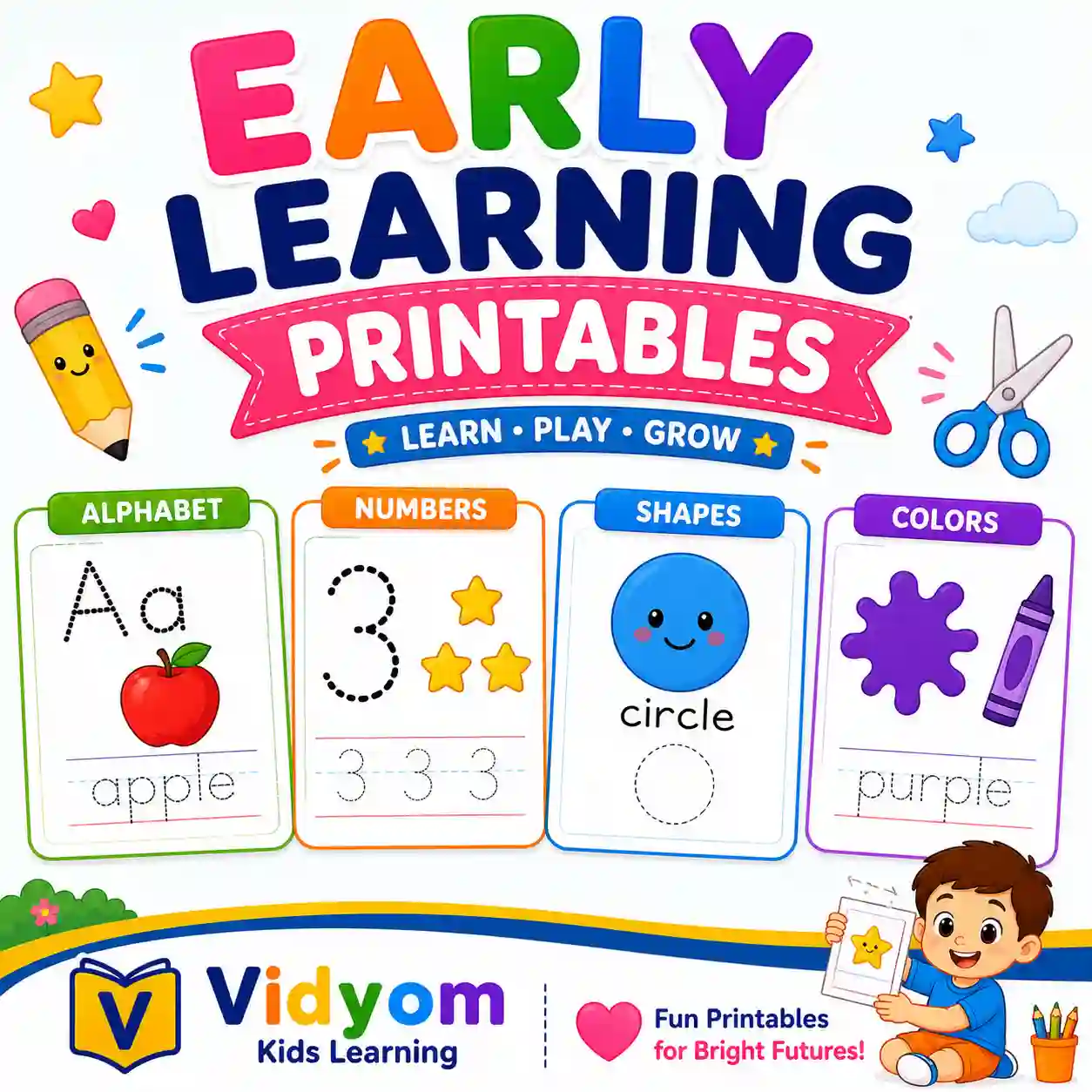 Children using early learning printables for coloring drawing and writing practice