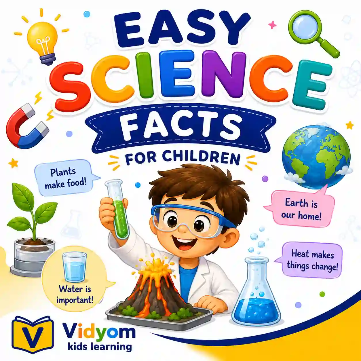 Children learning easy science facts about light magnets electricity water air and sound