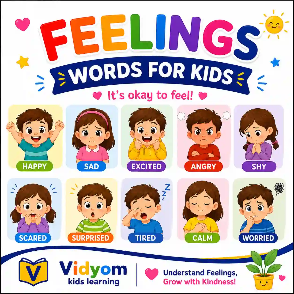 Children learning feelings words including angry calm scared brave excited bored tired fresh kind and rude